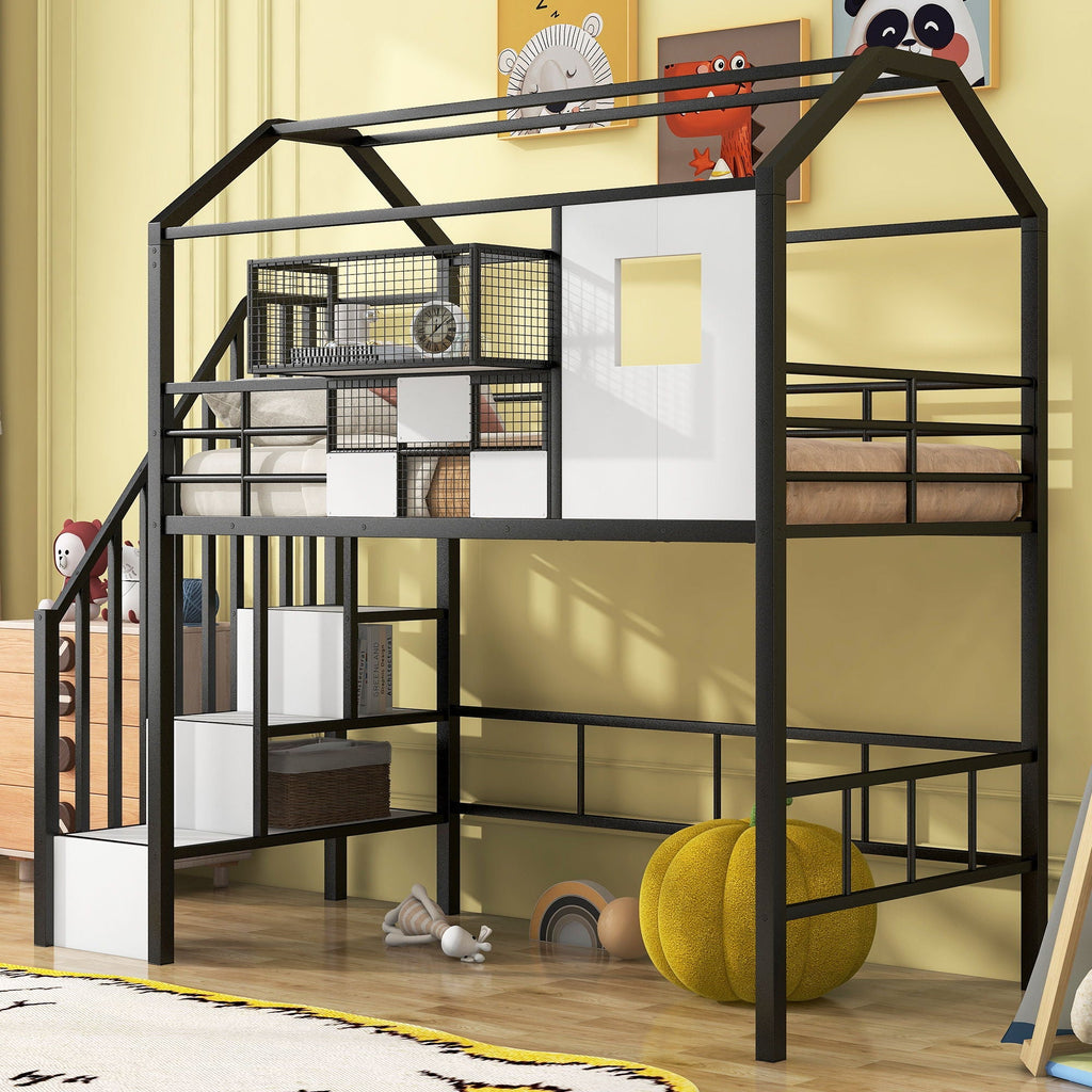 Metal Loft Bed With Roof Design And Storage Box With Guardrails And Integrated Ladder by Unique Piece Furniture