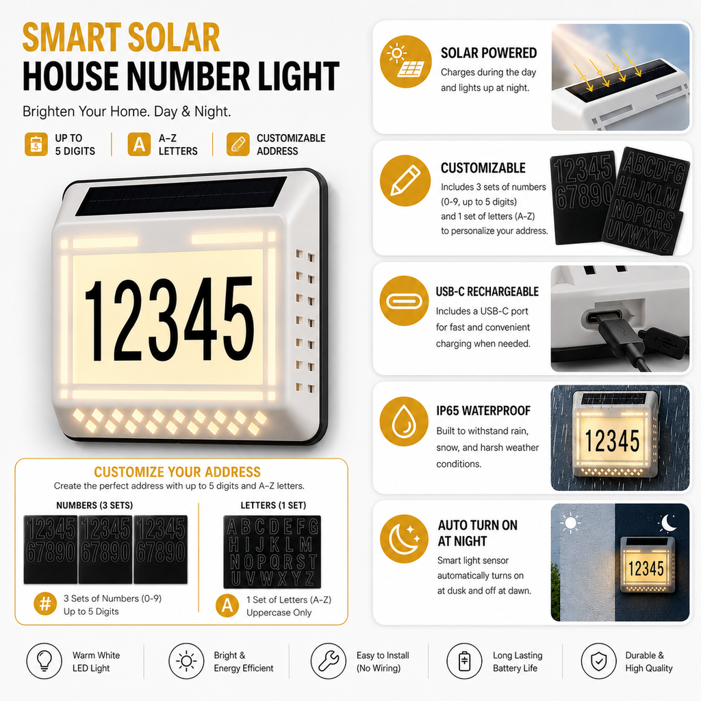 Solar LED Address Sign – Waterproof House Number Plaque, Customizable Numbers & Letters, Auto Dusk-to-Dawn Light, 8.1 x 6.9 Inches by Infinite Basics