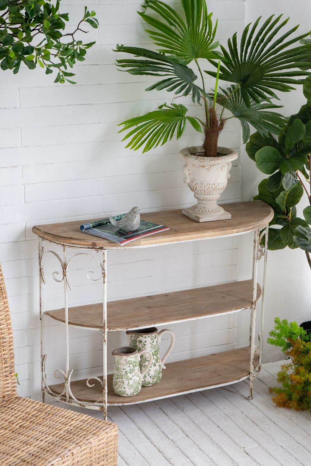 3 Tiered Wooden Shelving Unit With Ornate Iron Frame - Multicolor by Unique Piece Furniture
