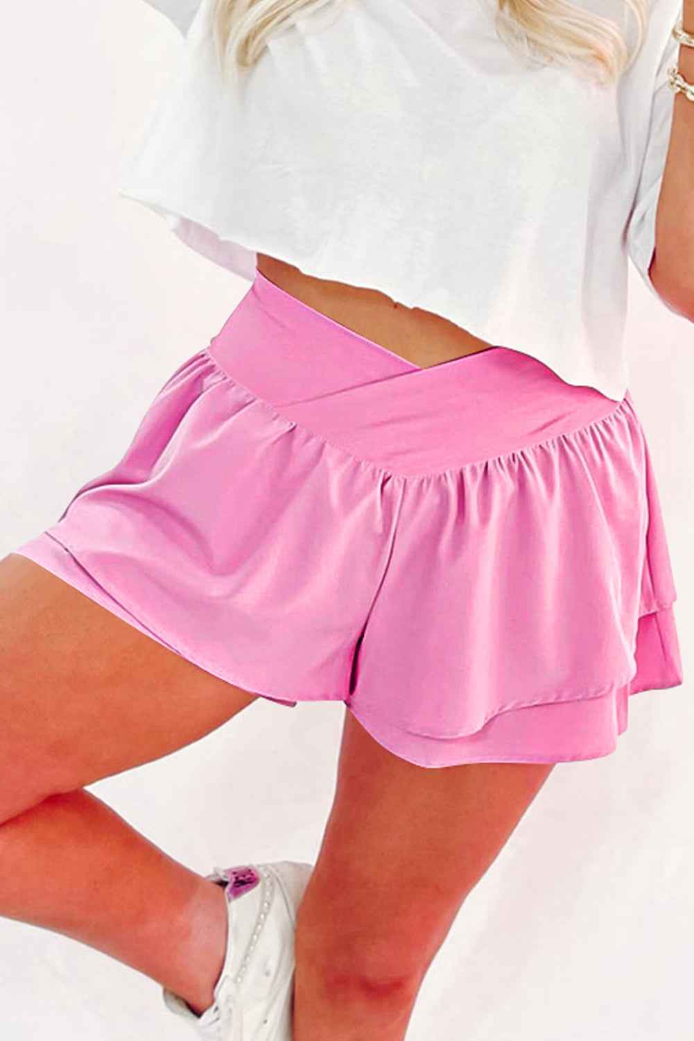 Bright Pink Crossed Waist Tiered Flowy Shorts by Wild and Free Boutique
