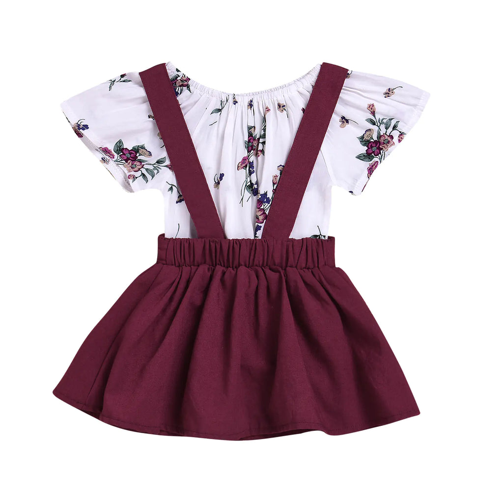 Red Floral Print Suspender Dress for Kids (Two-Piece Set) by Trendy Attic Store01