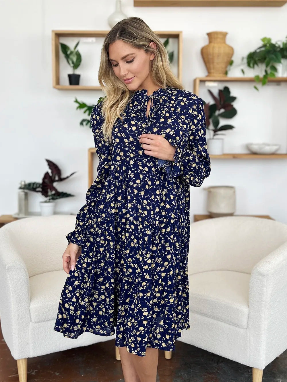 Double Take Full Size Printed Ruffle Hem Long Sleeve Tiered Dress by Wild and Free Boutique