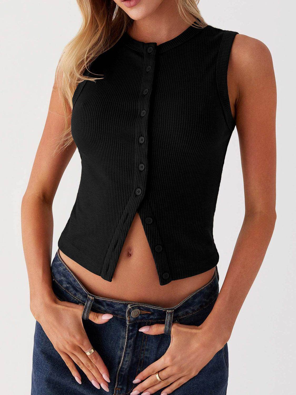 Lovelet Button Up Round Neck Tank for Stylish Comfort by Selvanelle