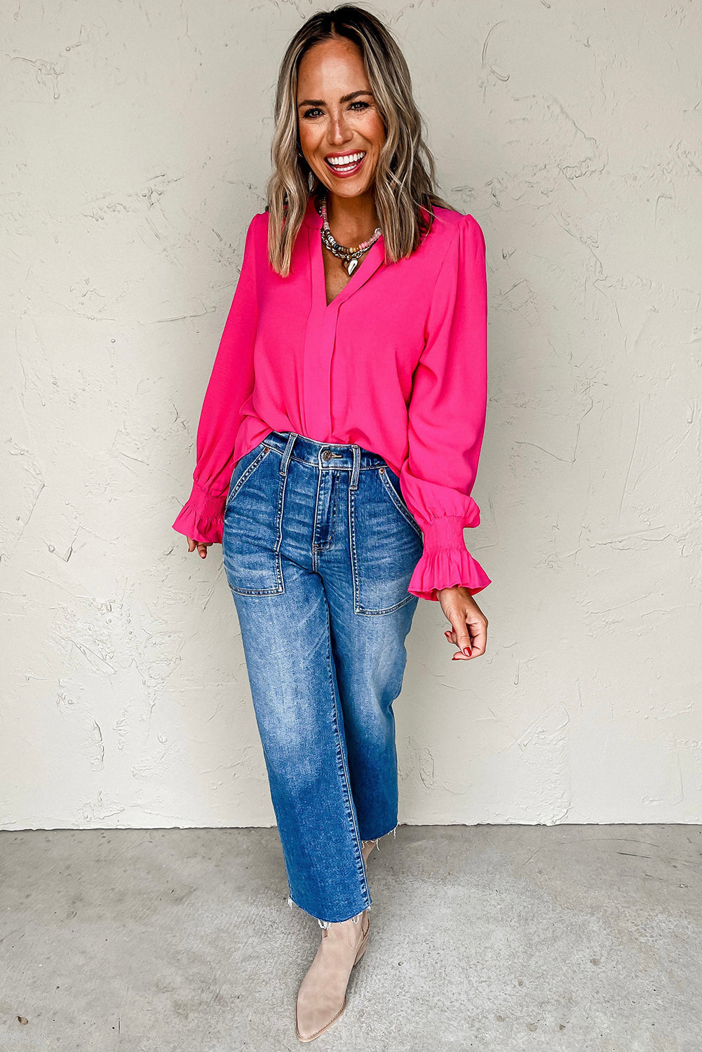 Rose Red Solid Color Shirred Cuff Notch V Neck Blouse by Wild and Free Boutique