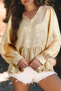 Gold Metallic Frilled V Neck Puff Sleeve Babydoll Blouse by Wild and Free Boutique