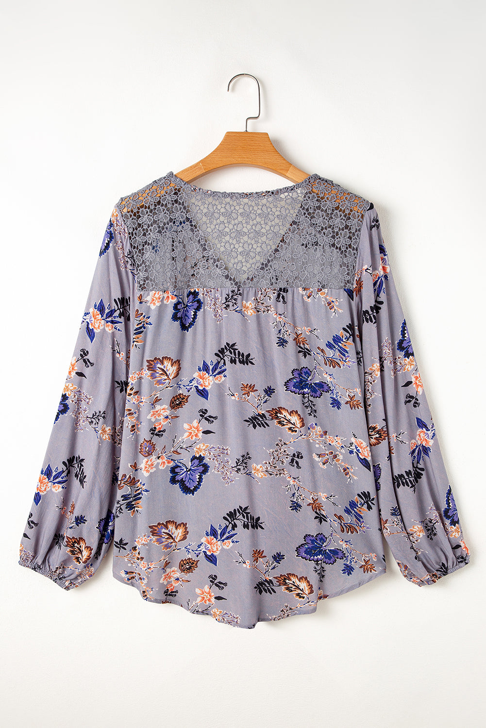 Sky Blue Floral Print Lace Patchwork Knot Front V Neck Blouse by Wild and Free Boutique