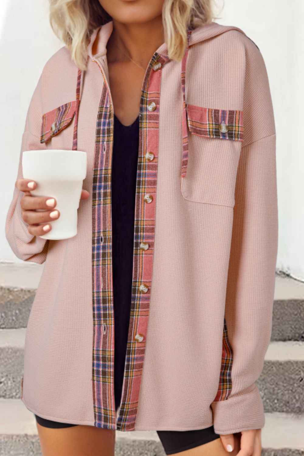 Waffle Knit Plaid Patchwork Drawstring Hooded Shacket by Wild and Free Boutique