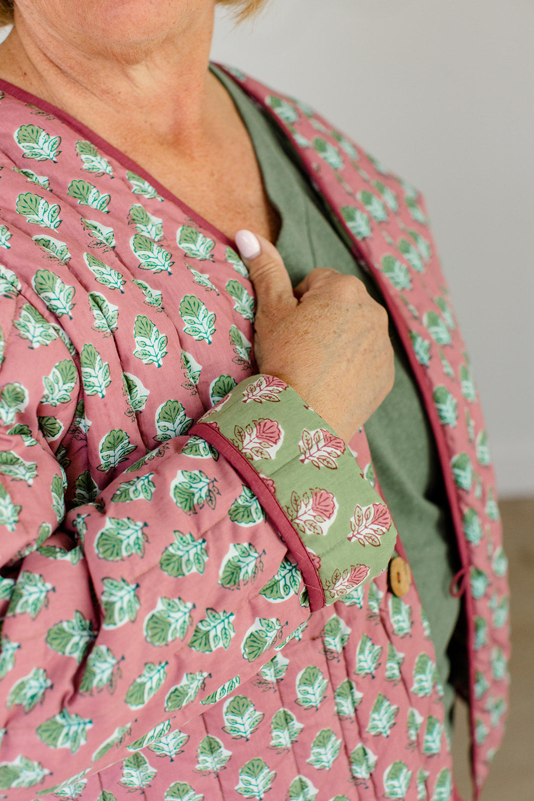The Emily *Reversible* Quilted Jacket in Pistachio Pink by Carla Kiley Collection