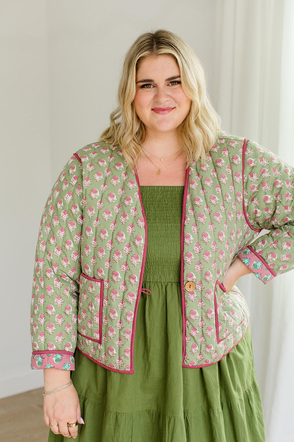 The Emily *Reversible* Quilted Jacket in Pistachio Pink by Carla Kiley Collection