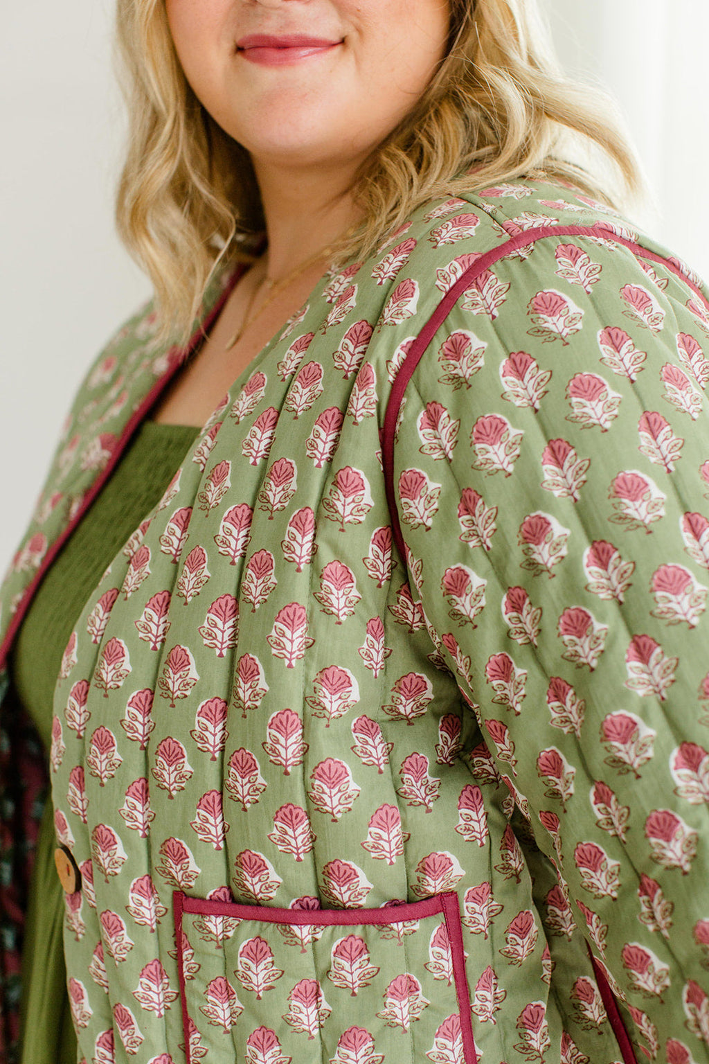 The Emily *Reversible* Quilted Jacket in Pistachio Pink by Carla Kiley Collection