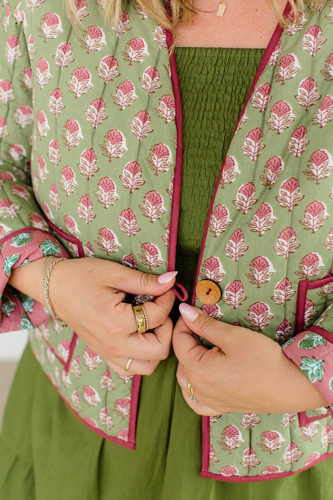The Emily *Reversible* Quilted Jacket in Pistachio Pink by Carla Kiley Collection