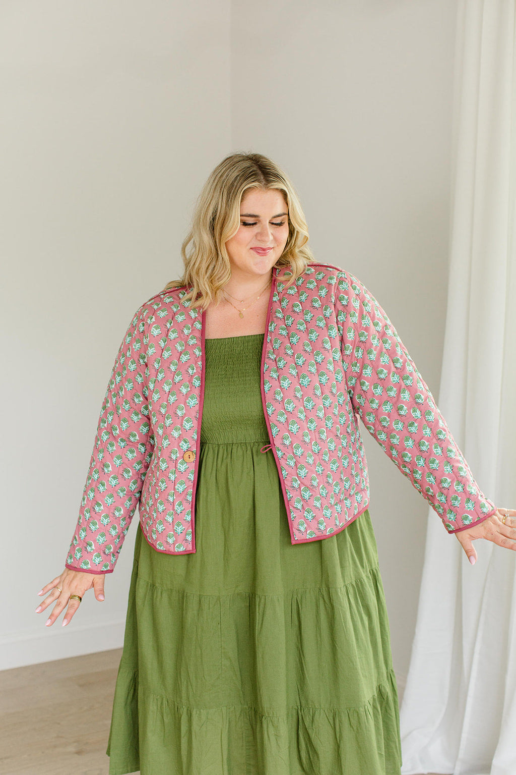 The Emily *Reversible* Quilted Jacket in Pistachio Pink by Carla Kiley Collection