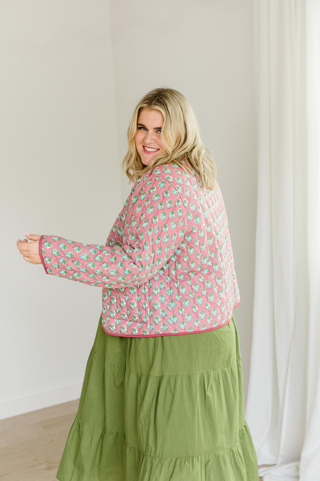 The Emily *Reversible* Quilted Jacket in Pistachio Pink by Carla Kiley Collection