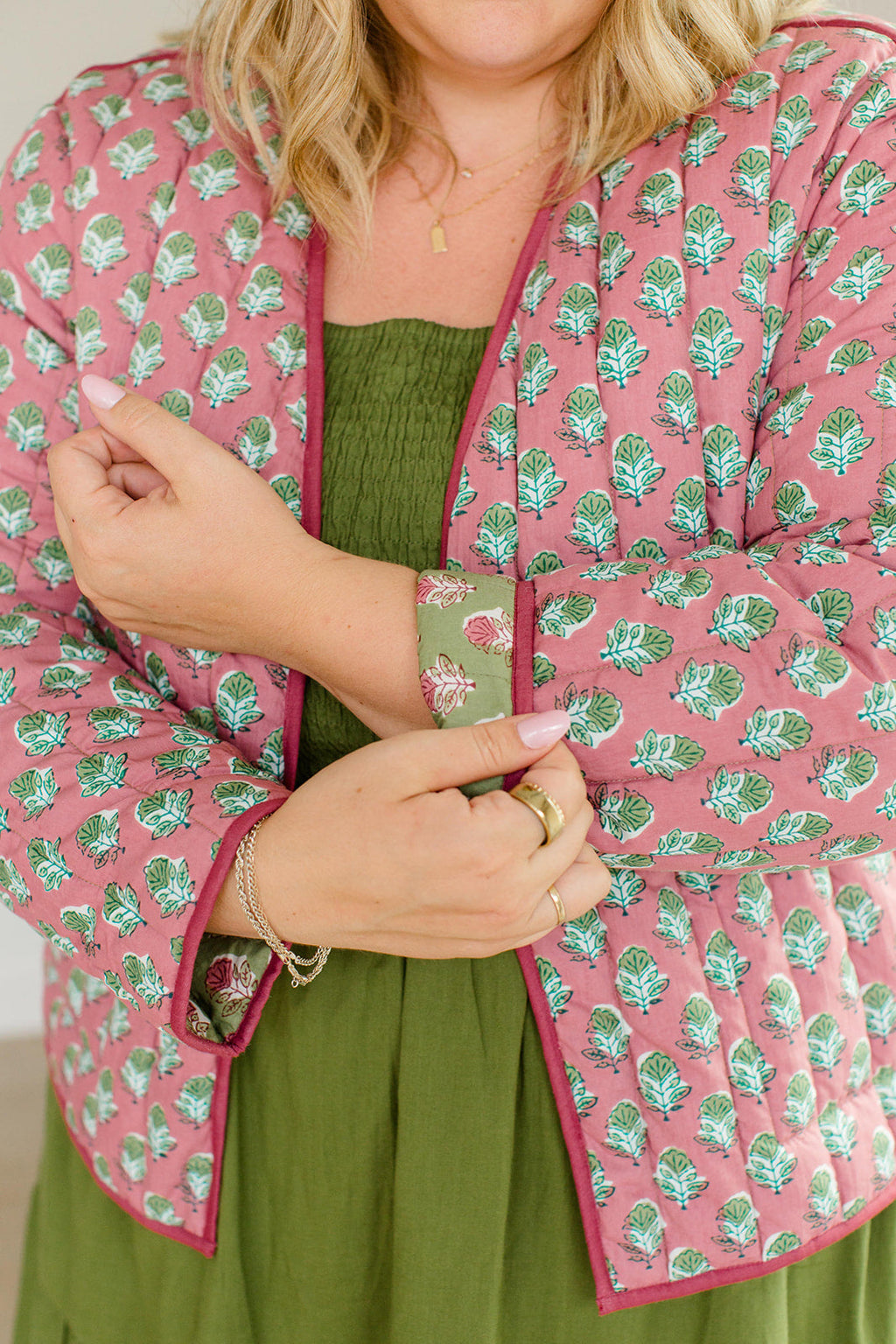 The Emily *Reversible* Quilted Jacket in Pistachio Pink by Carla Kiley Collection