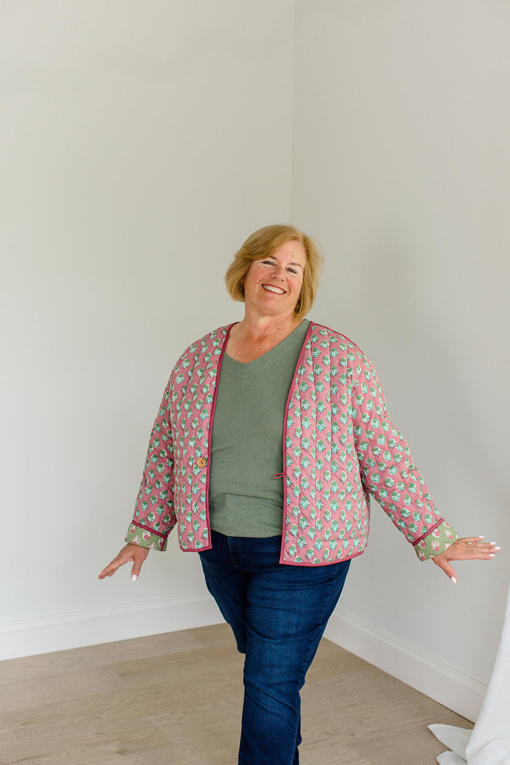 The Emily *Reversible* Quilted Jacket in Pistachio Pink by Carla Kiley Collection