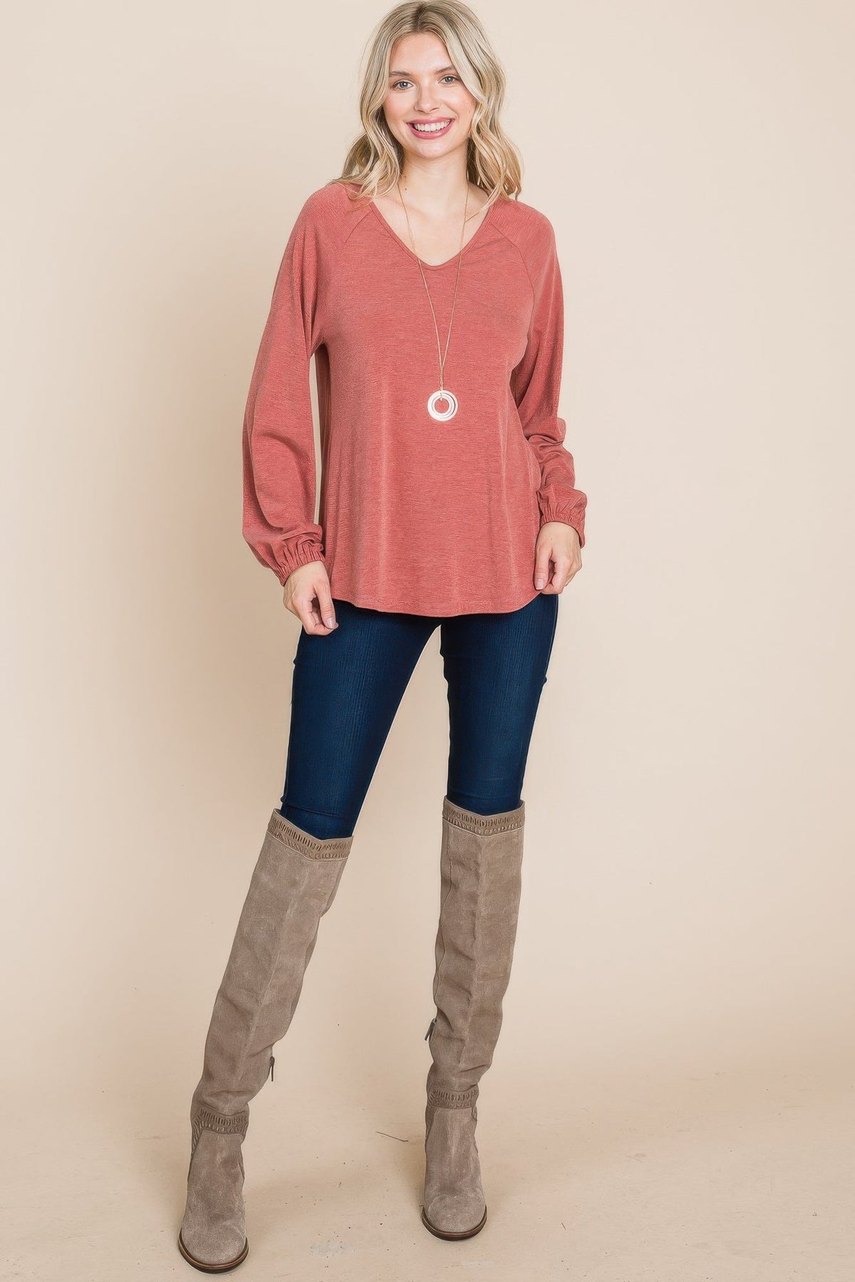 Casual V Neck Basic Long Sleeve Top by Tigbul's Variety Fashion Shop