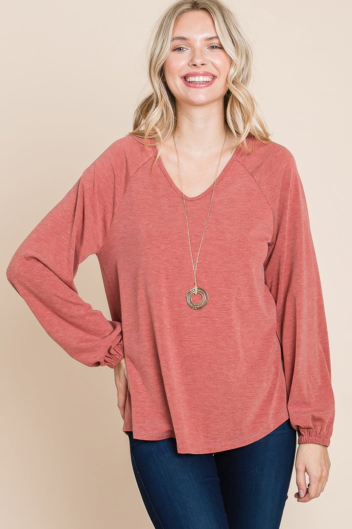 Casual V Neck Basic Long Sleeve Top by Tigbul's Variety Fashion Shop