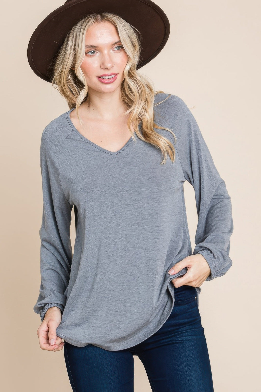 Casual V Neck Basic Long Sleeve Top by Tigbul's Variety Fashion Shop