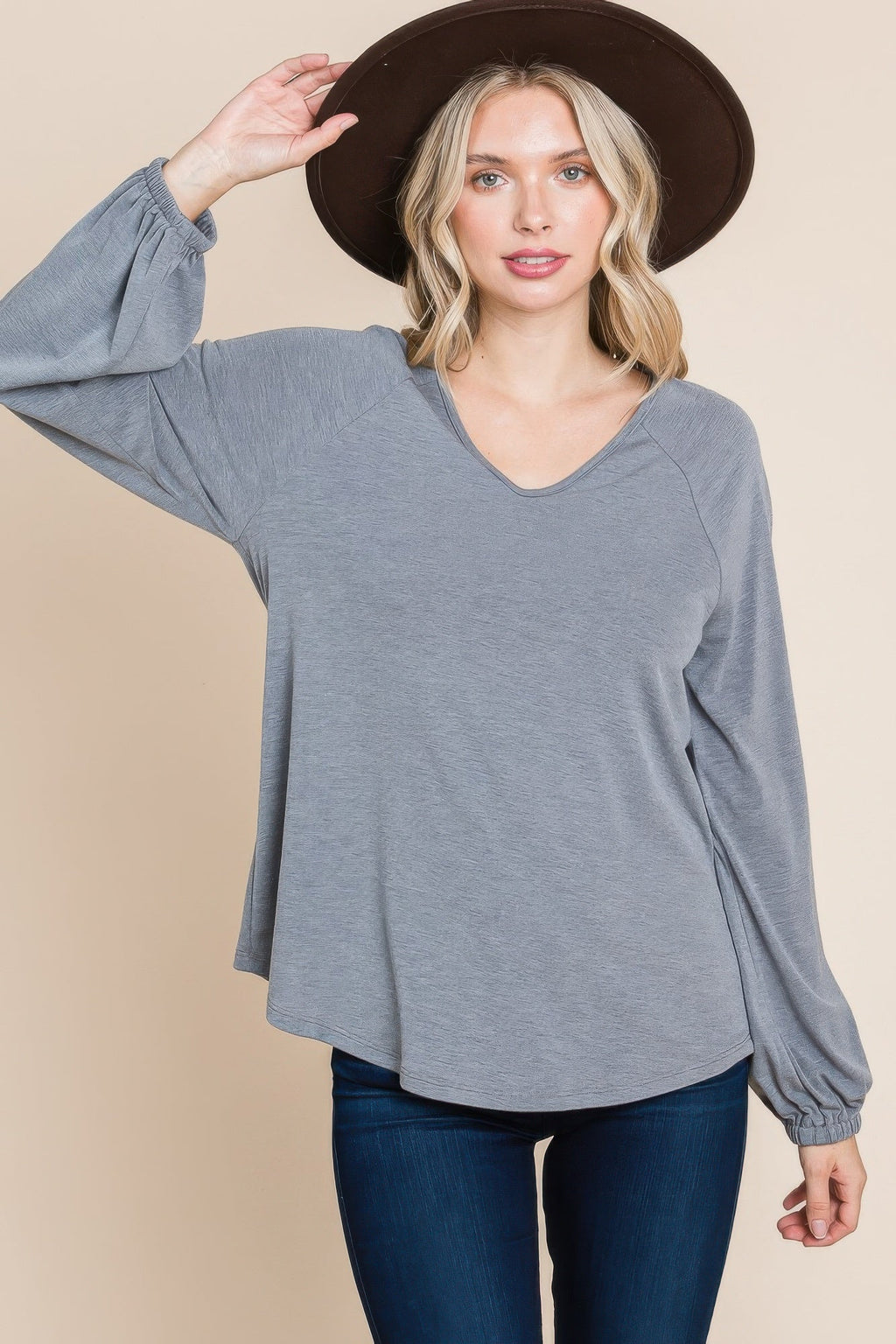Casual V Neck Basic Long Sleeve Top by Tigbul's Variety Fashion Shop