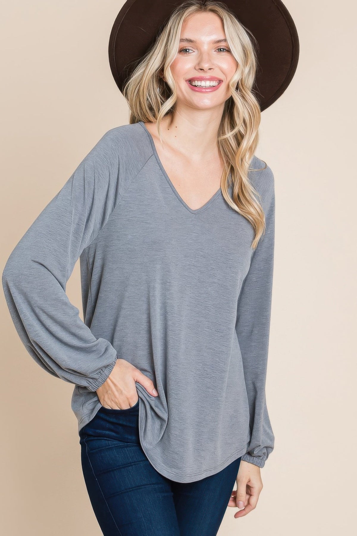 Casual V Neck Basic Long Sleeve Top by Tigbul's Variety Fashion Shop