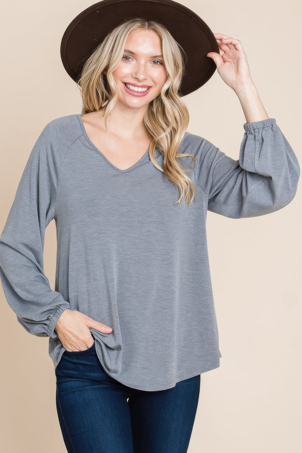 Casual V Neck Basic Long Sleeve Top by Tigbul's Variety Fashion Shop