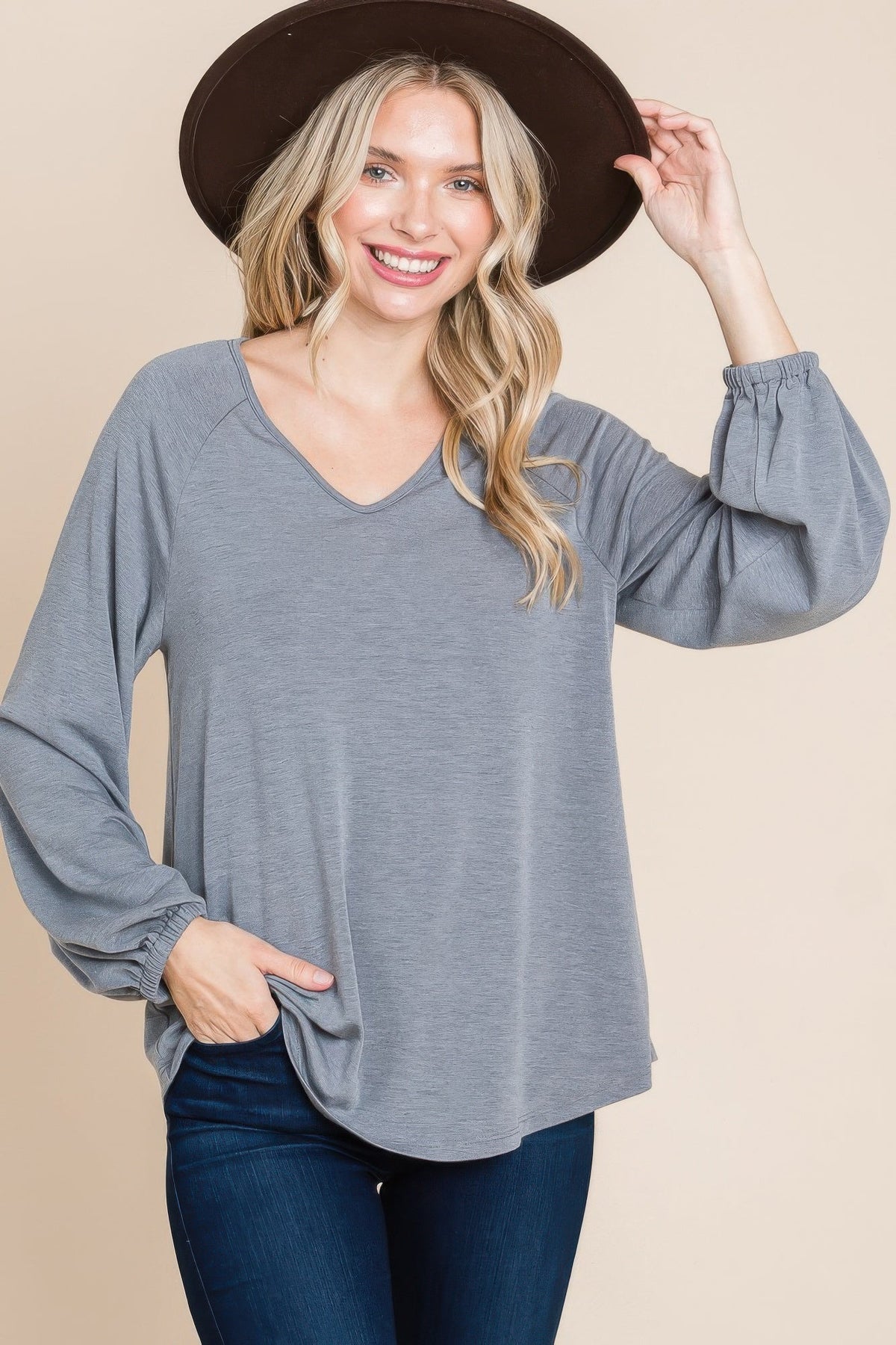 Casual V Neck Basic Long Sleeve Top by Tigbul's Variety Fashion Shop