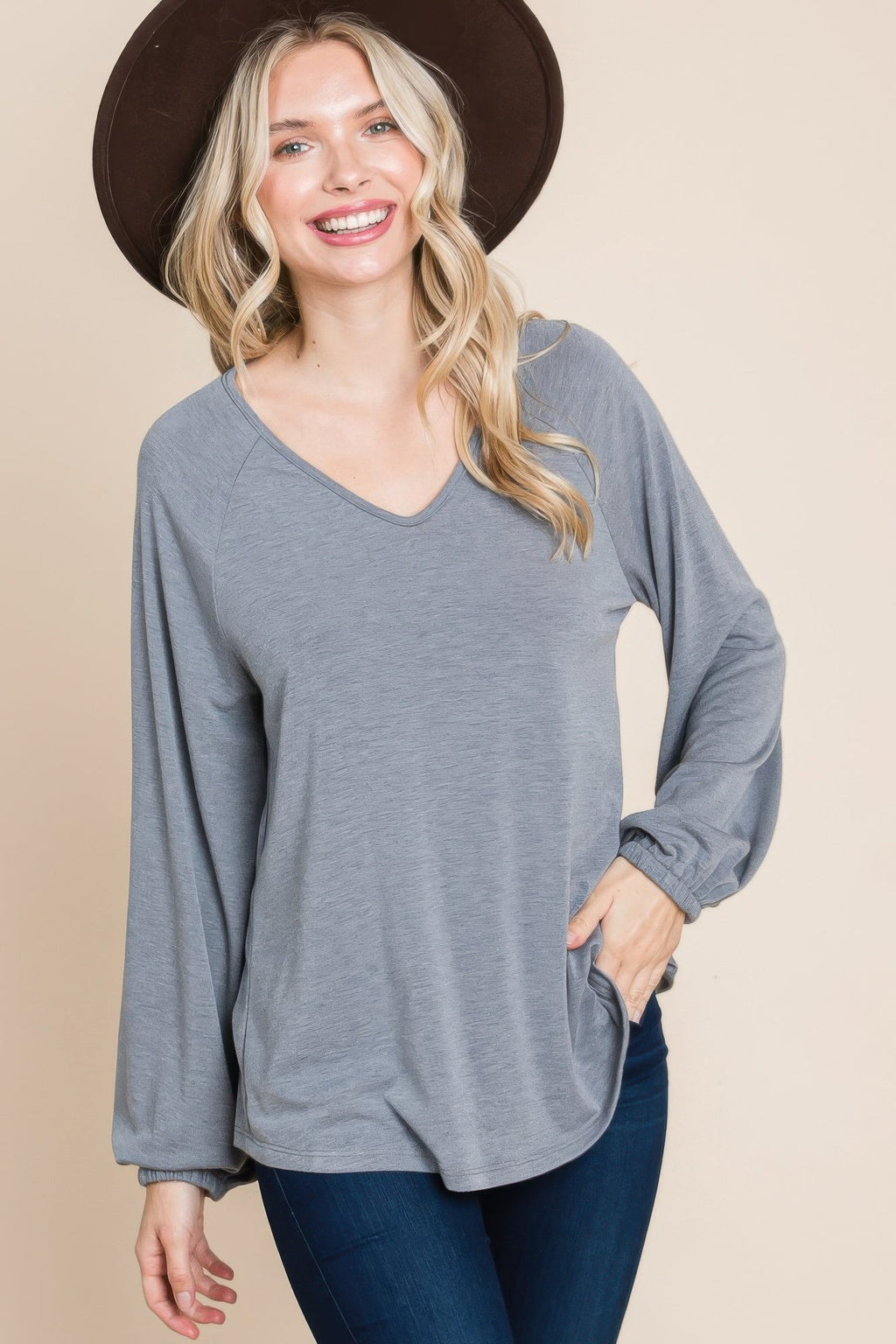 Casual V Neck Basic Long Sleeve Top by Tigbul's Variety Fashion Shop