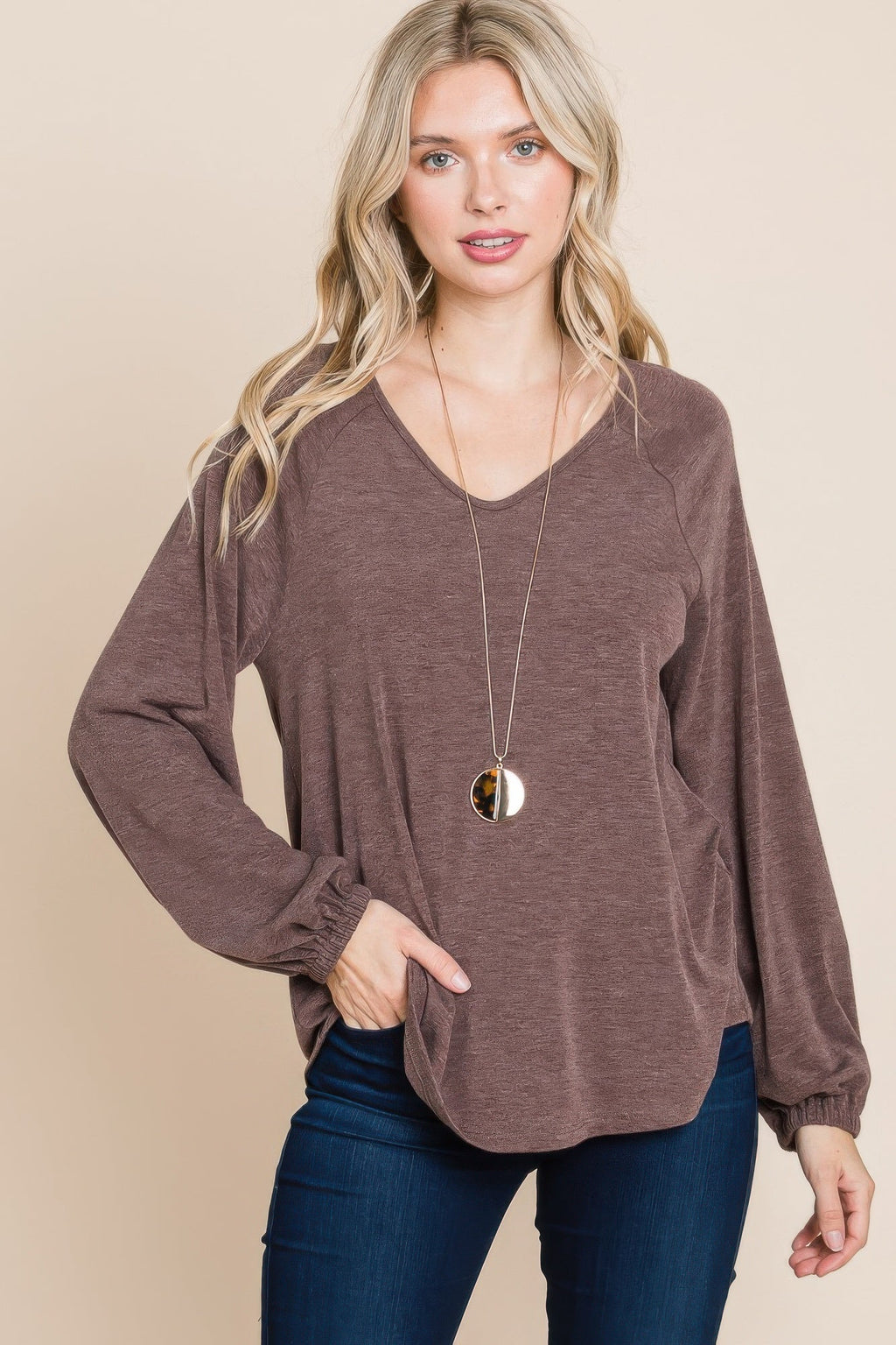Casual V Neck Basic Long Sleeve Top by Tigbul's Variety Fashion Shop