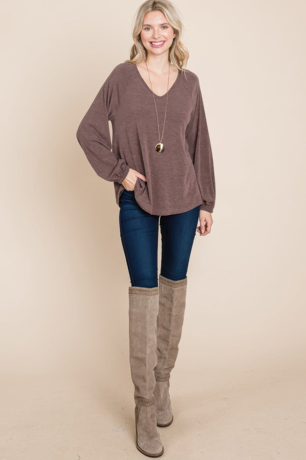 Casual V Neck Basic Long Sleeve Top by Tigbul's Variety Fashion Shop