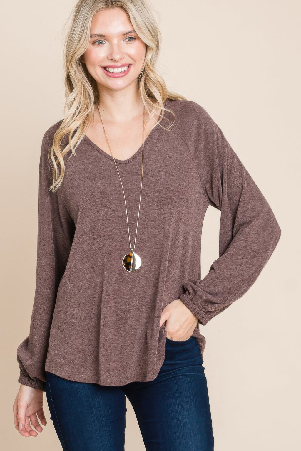 Casual V Neck Basic Long Sleeve Top by Tigbul's Variety Fashion Shop