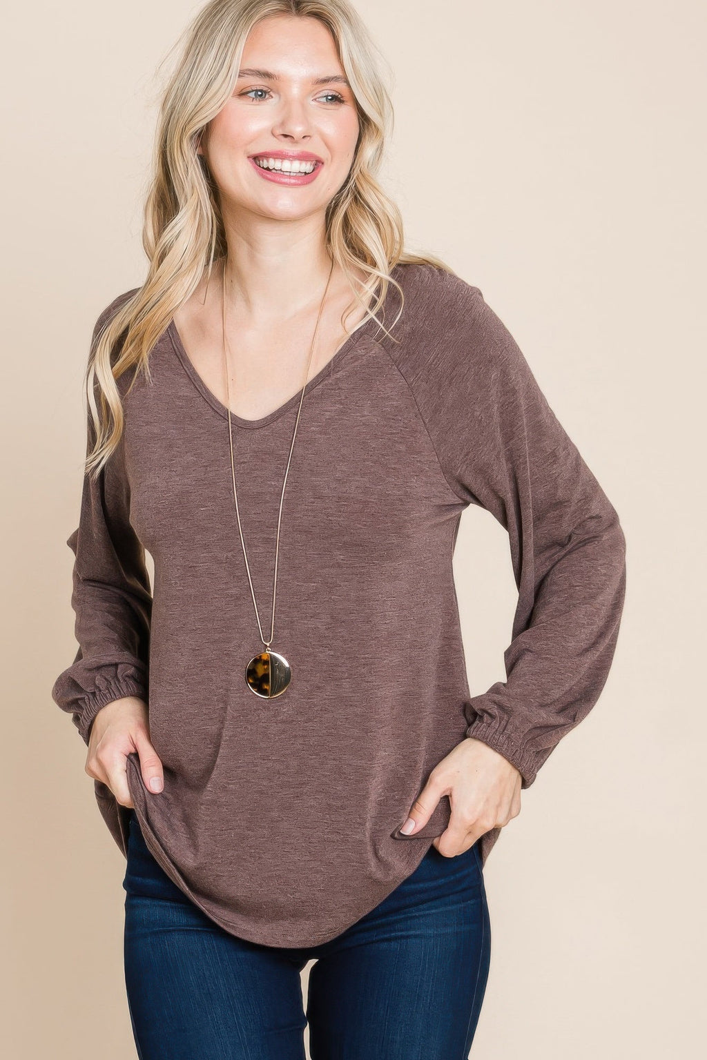 Casual V Neck Basic Long Sleeve Top by Tigbul's Variety Fashion Shop