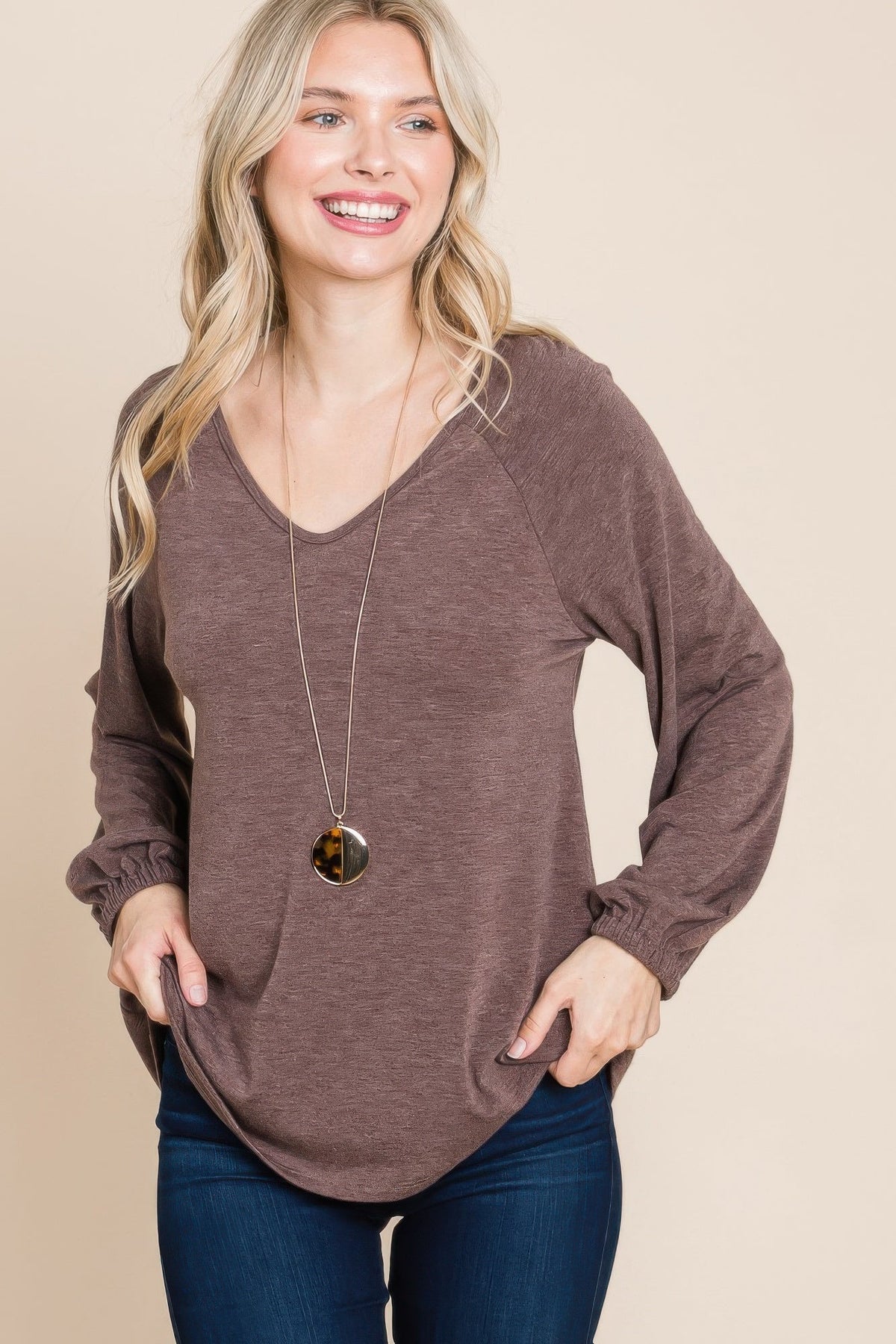 Casual V Neck Basic Long Sleeve Top by Tigbul's Variety Fashion Shop