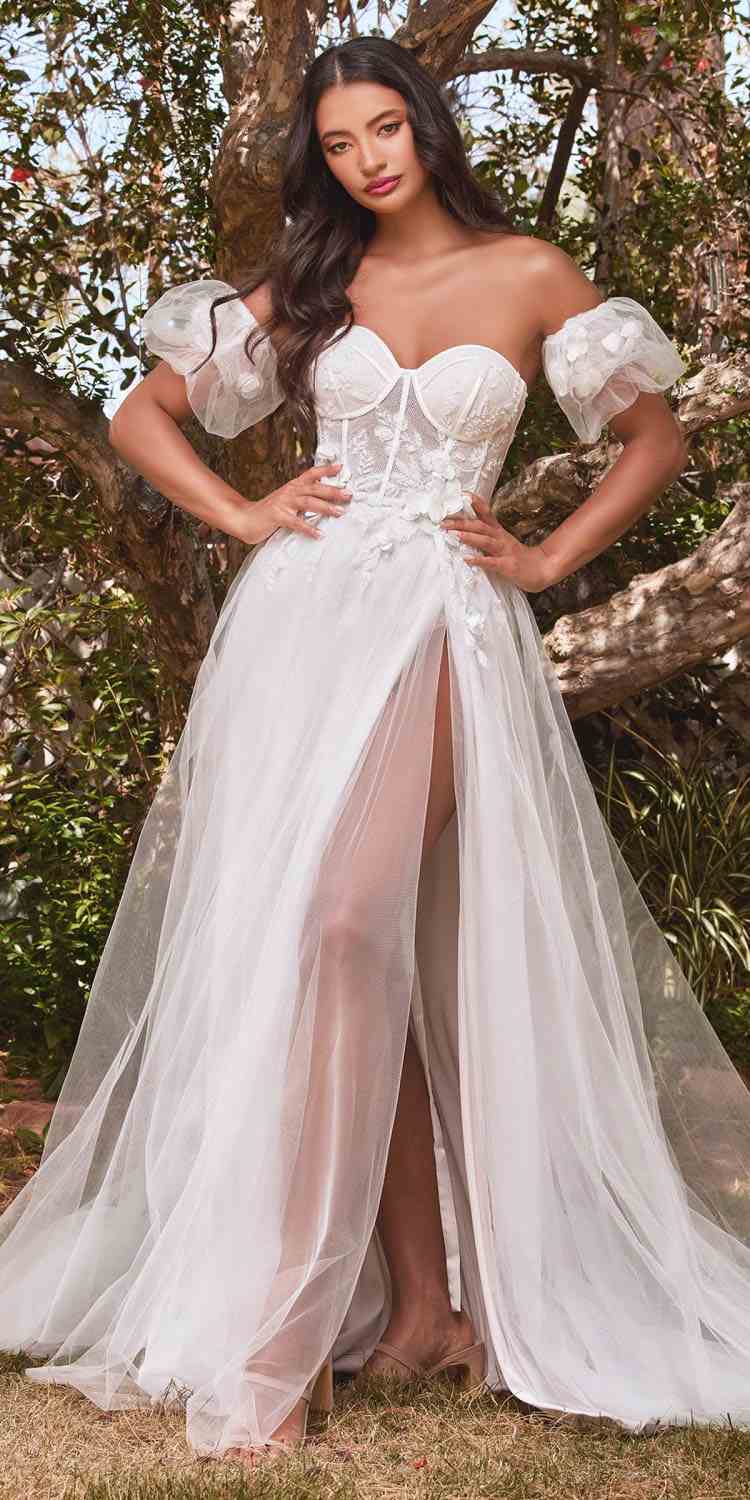 Cinderella Divine CB080W Long Strapless Tulle Floral Ball Gown by DiscountDressShop