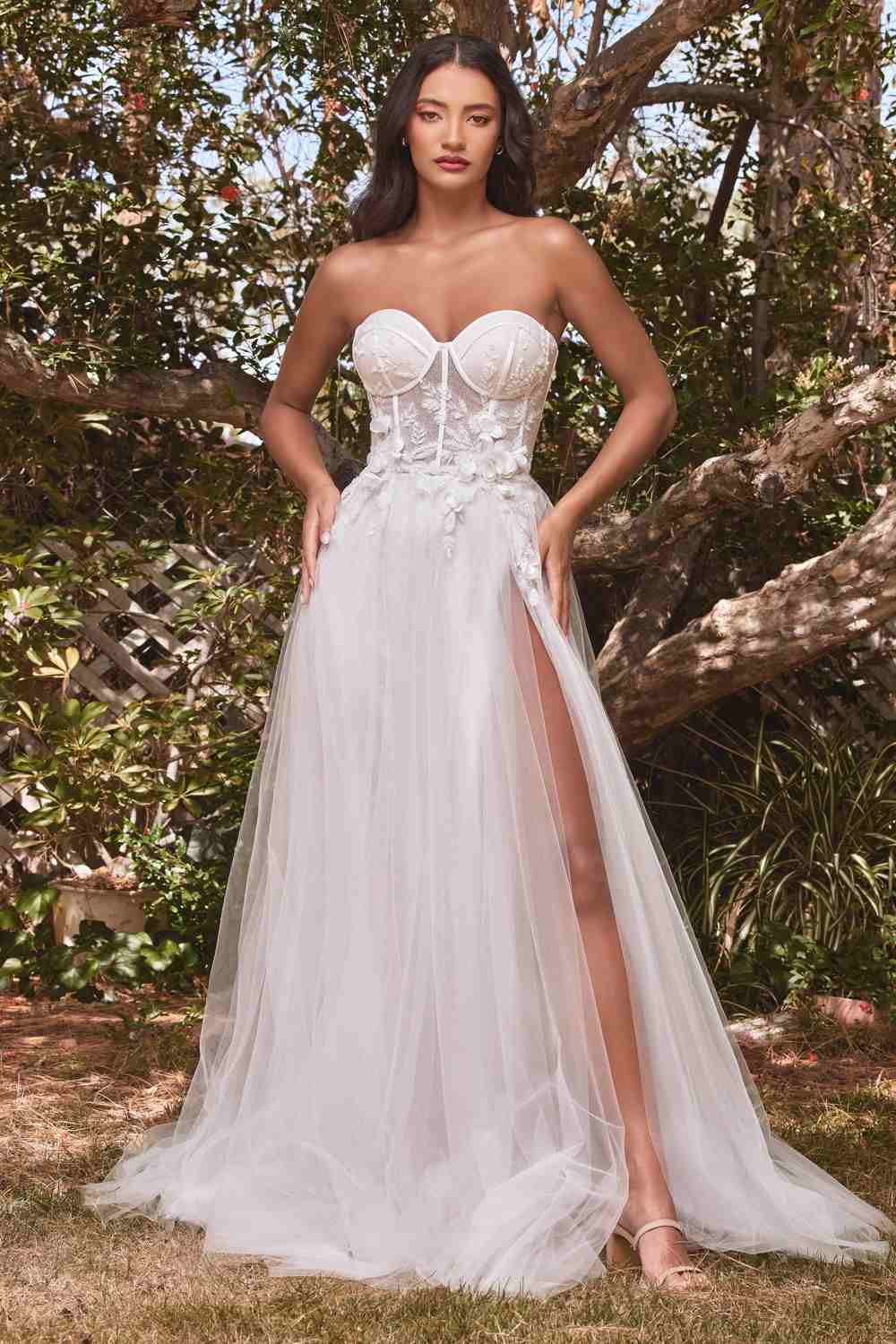 Cinderella Divine CB080W Long Strapless Tulle Floral Ball Gown by DiscountDressShop
