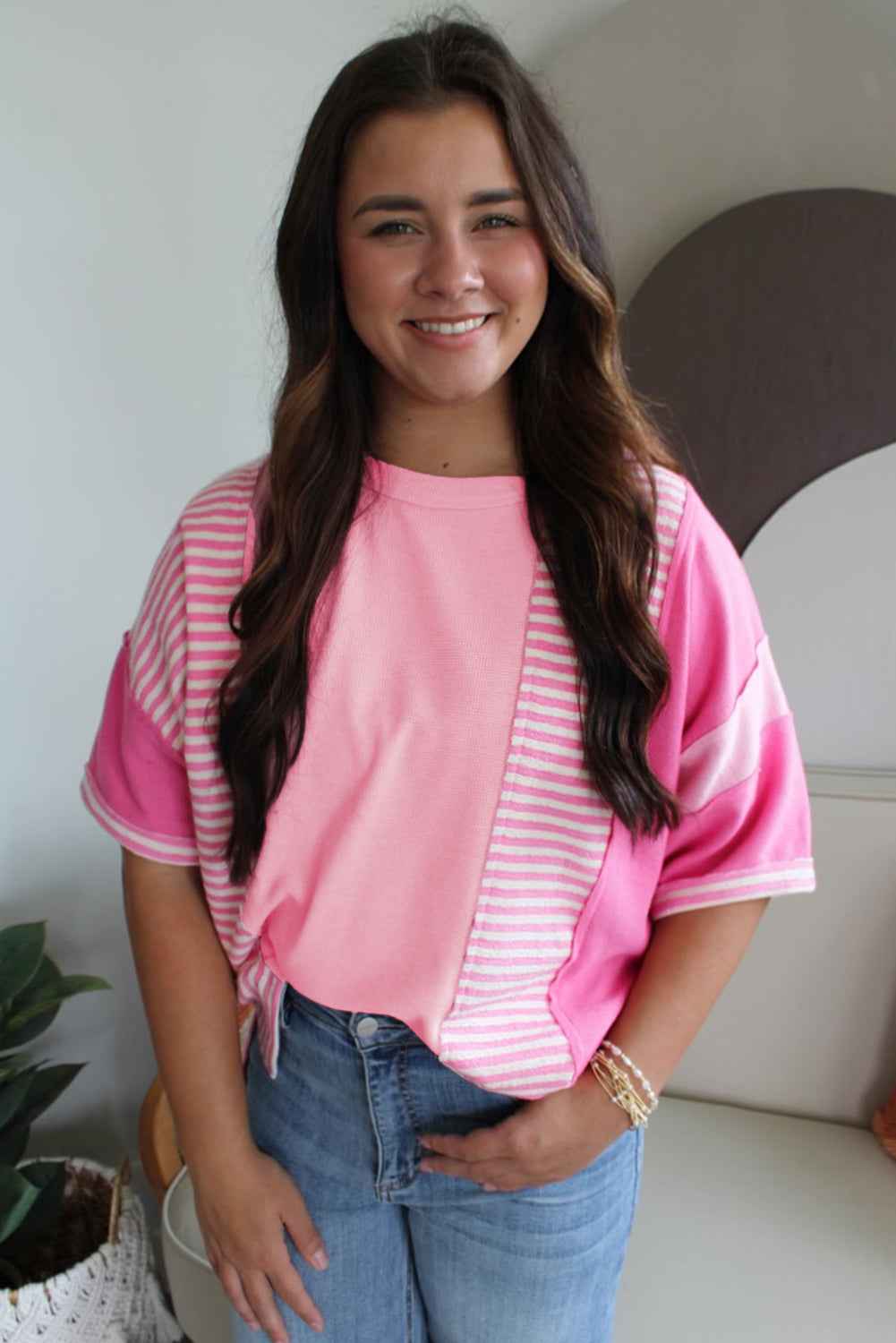 Pink Stripe Waffle Patchwork Loose T-Shirt by Wild and Free Boutique