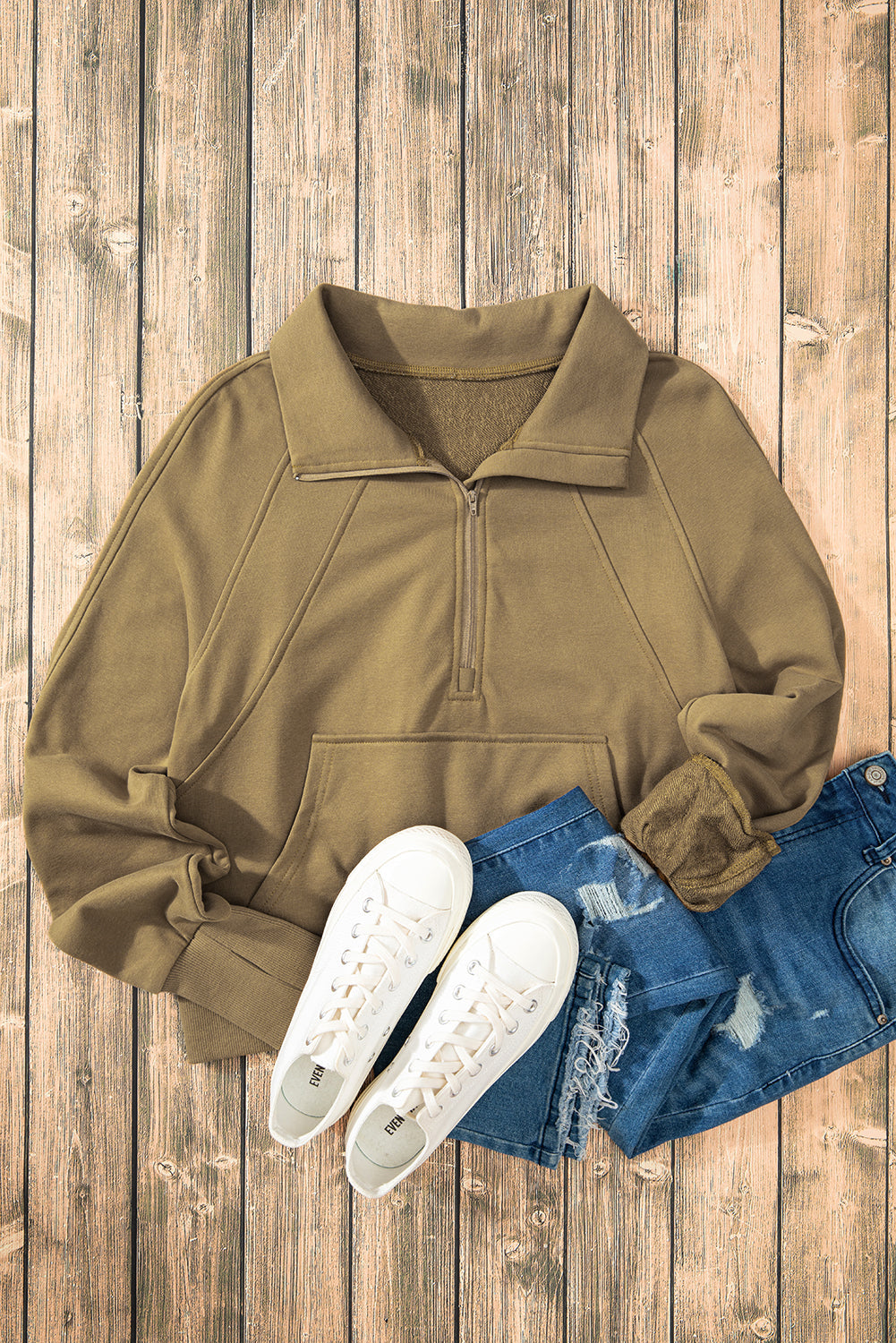 Smoke Green Quarter Zip Stand Neck Kangaroo Pocket Sweatshirt by Wild and Free Boutique