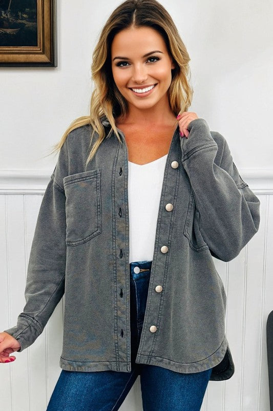 Mineral Wash Chest Pocket Drop Shoulder Shacket by The Diamond Empire LLC