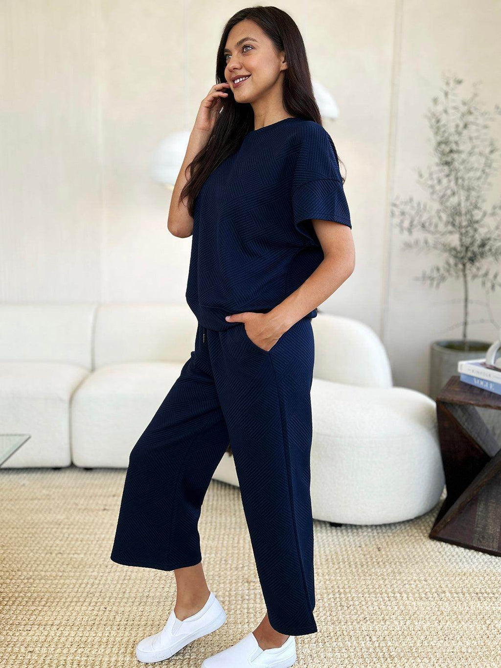 Double Take Full Size Texture Top and Pants Set for Women by Selvanelle