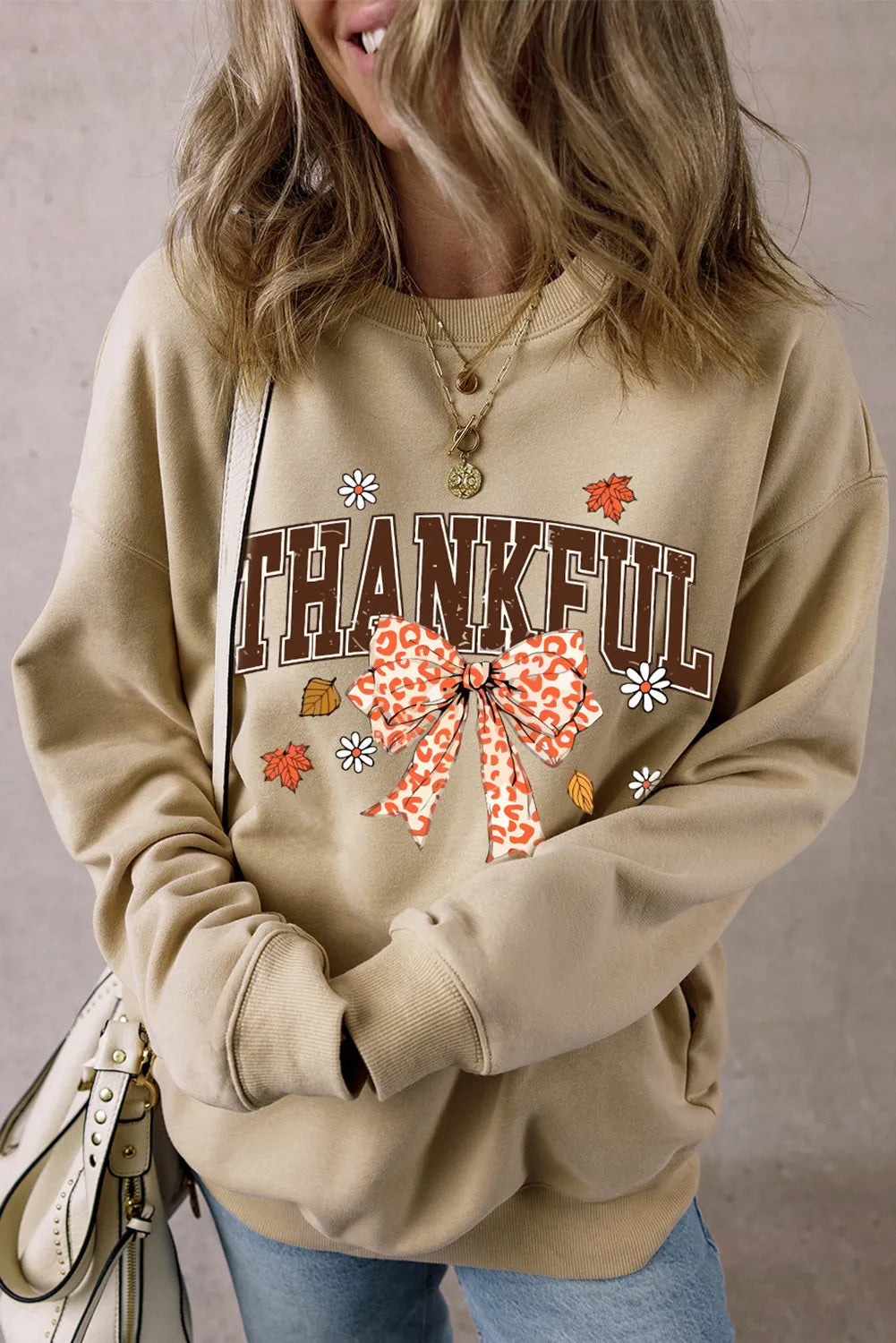 THANKFUL Bow Round Neck Long Sleeve Sweatshirt by Wild and Free Boutique