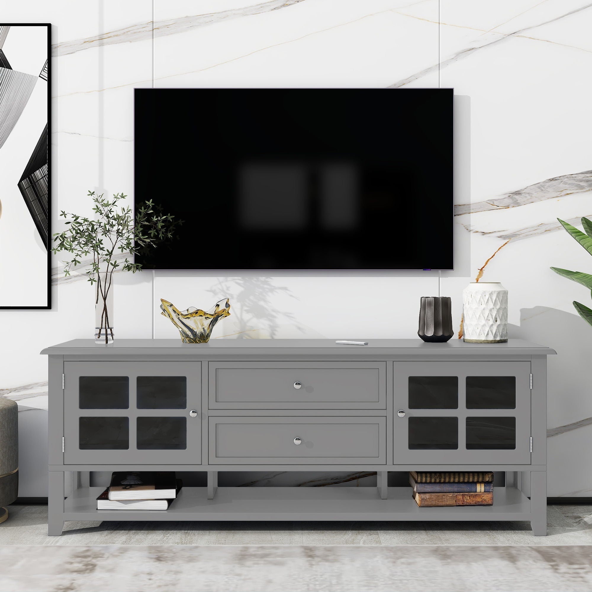 TV Stand, Entertainment Center With Dual Drawers And Hidden Storage, Cabinet With Soft Closing Doors And Sleek Panel Design by Unique Piece Furniture