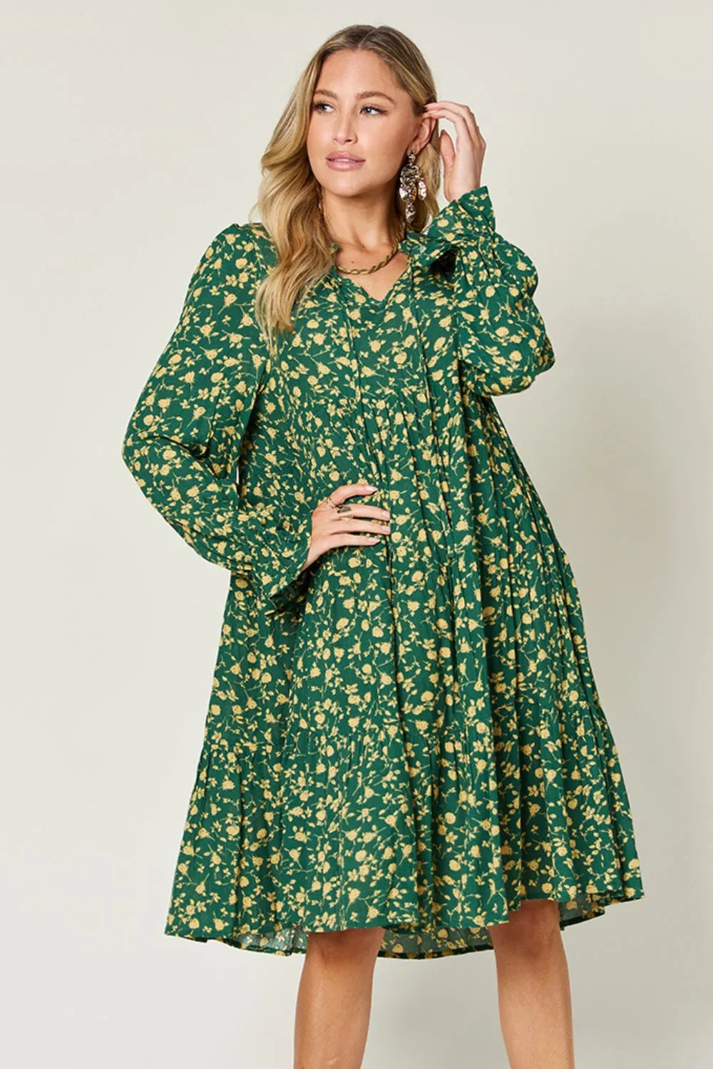Double Take Full Size Printed Ruffle Hem Long Sleeve Tiered Dress by Wild and Free Boutique