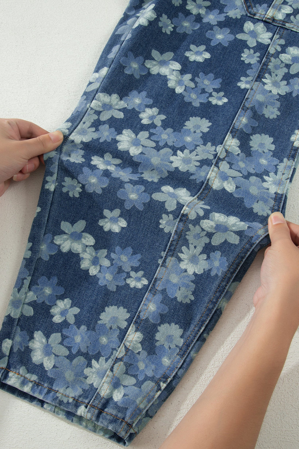 Sky Blue Dainty Floral Printed Drawstring Barrel Jeans by Wild and Free Boutique