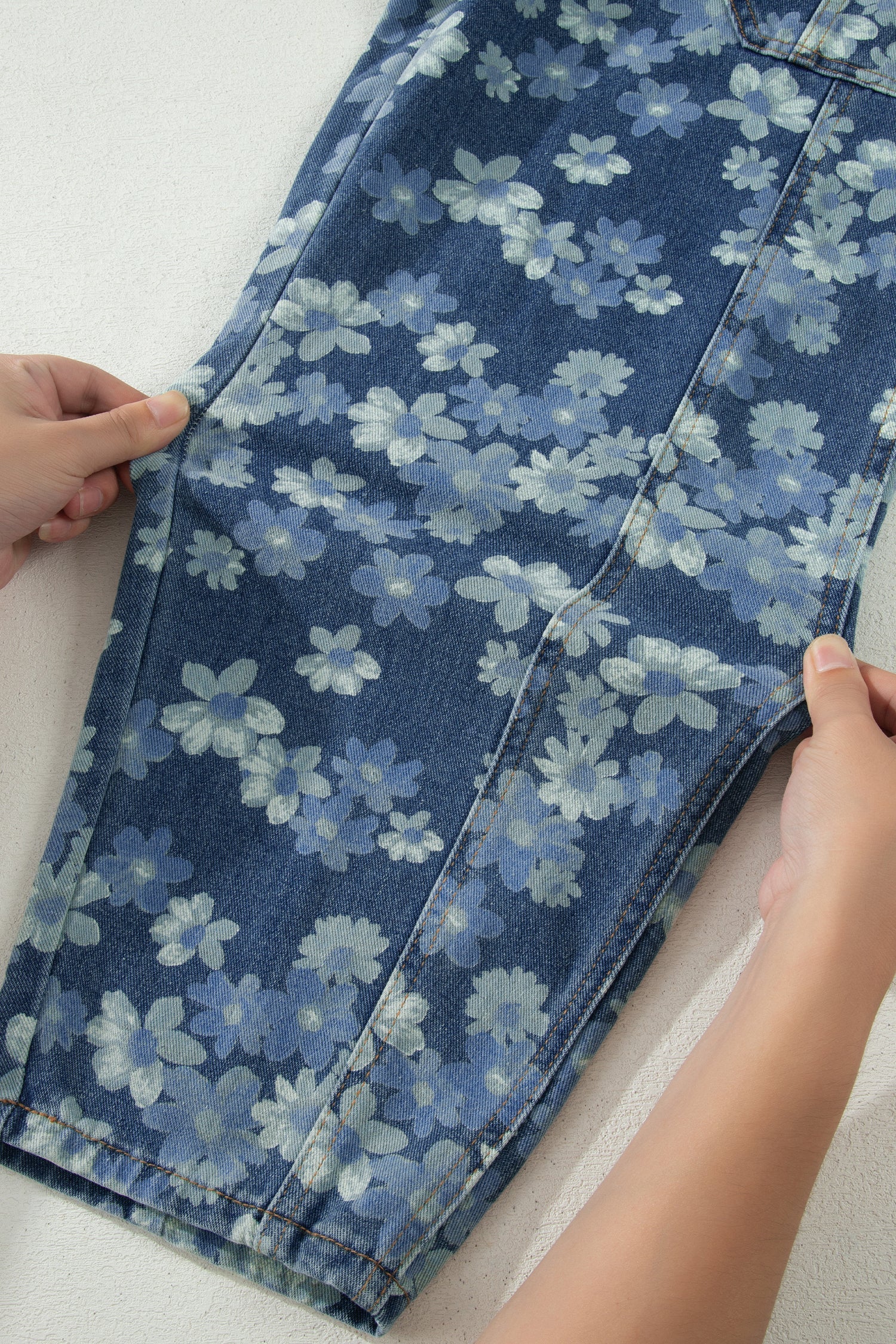Sky Blue Dainty Floral Printed Drawstring Barrel Jeans by Wild and Free Boutique