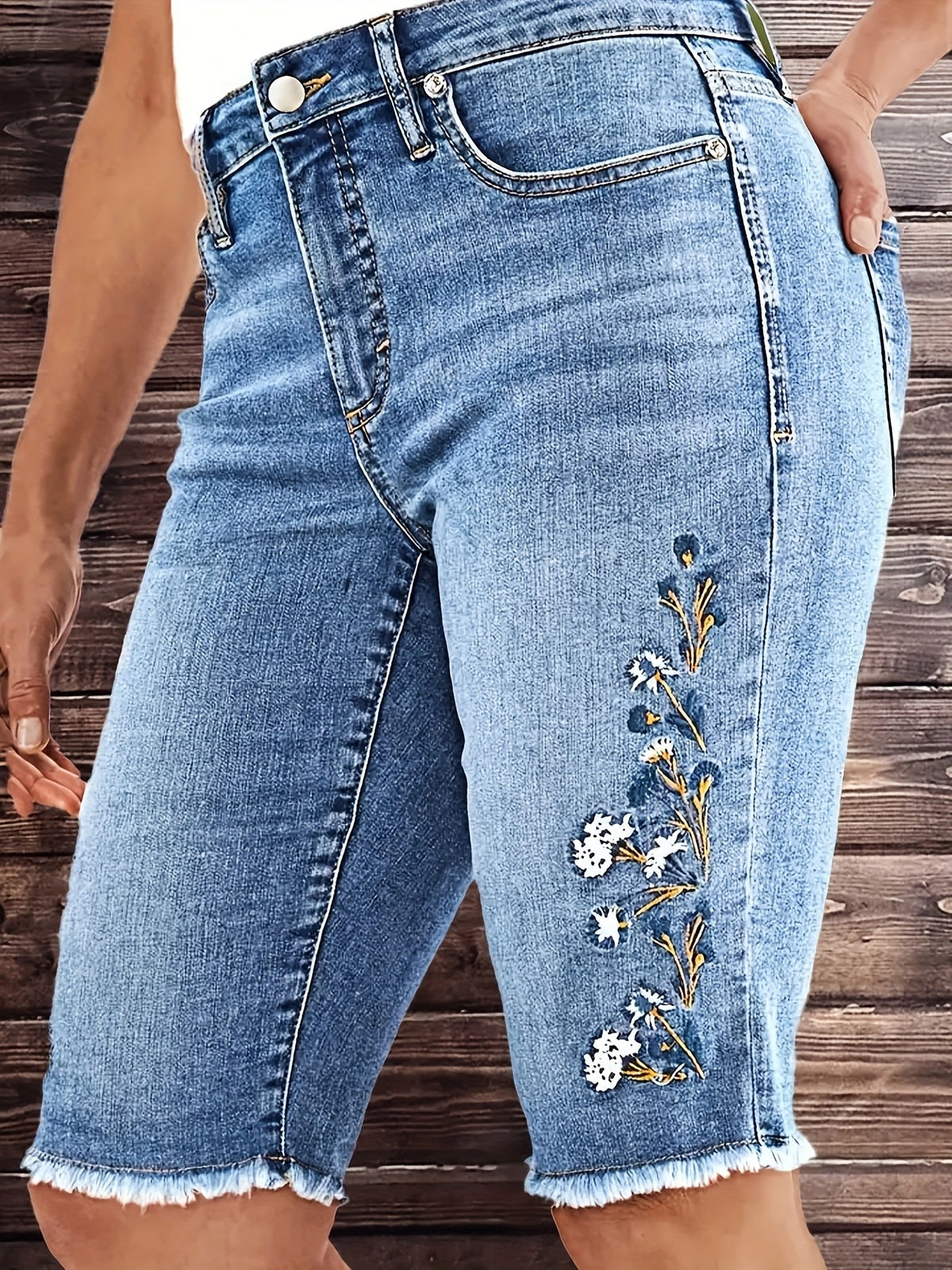 Elegant Stretch Slim Embroidered Mi length Jeans by Trendy Attic Store01