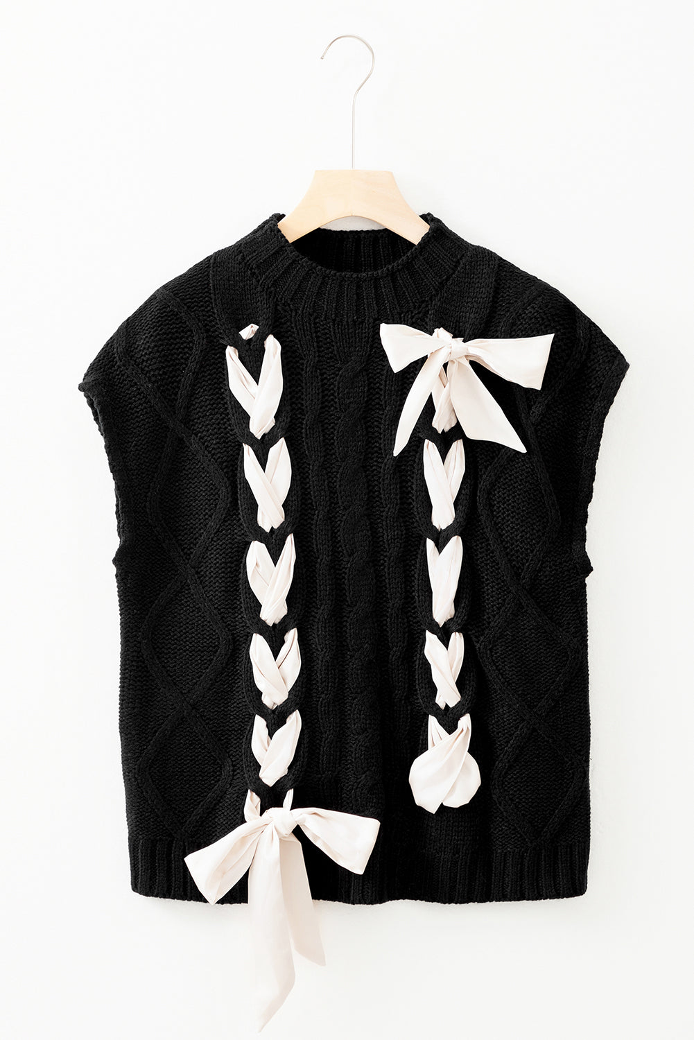 White Cable Knit Colorblock Satin Bowknot Short Sleeve Sweater by Wild and Free Boutique