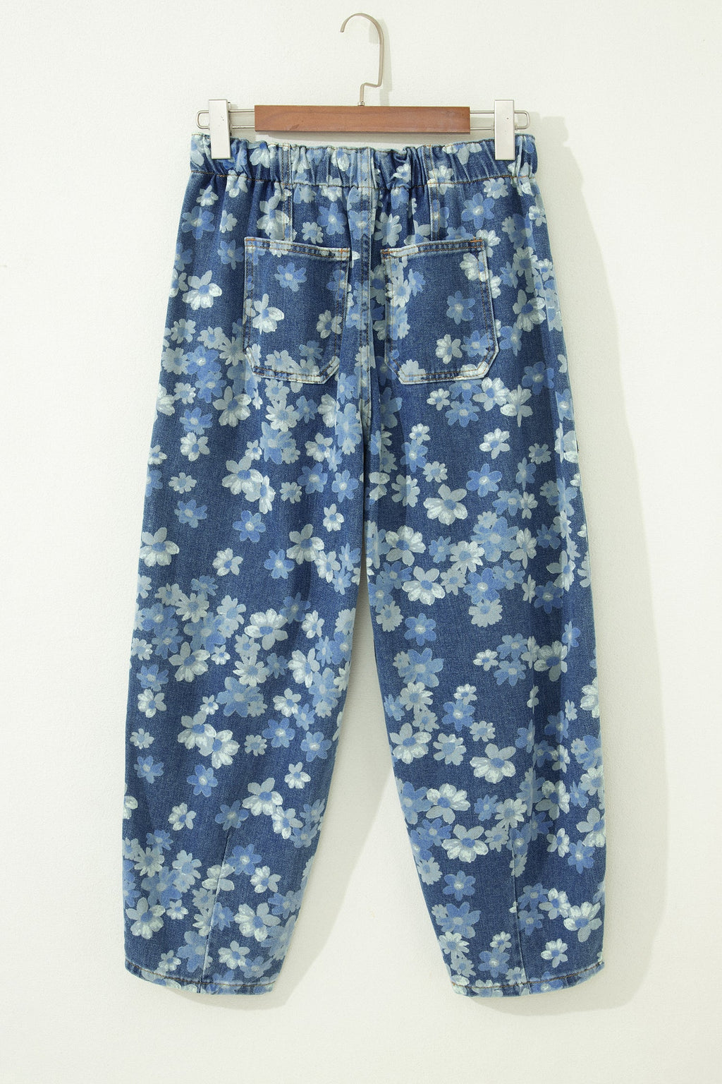 Sky Blue Dainty Floral Printed Drawstring Barrel Jeans by Wild and Free Boutique