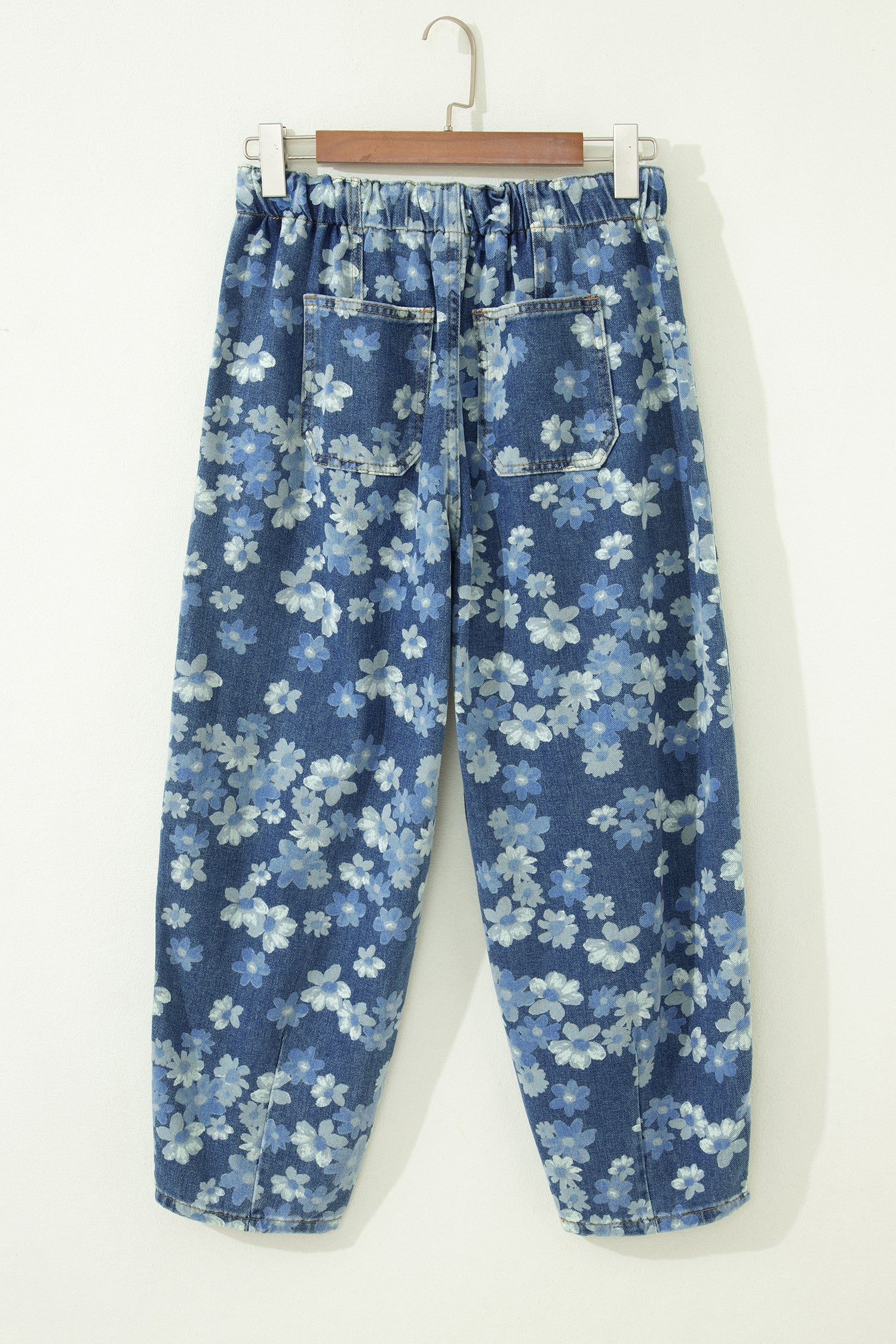 Sky Blue Dainty Floral Printed Drawstring Barrel Jeans by Wild and Free Boutique