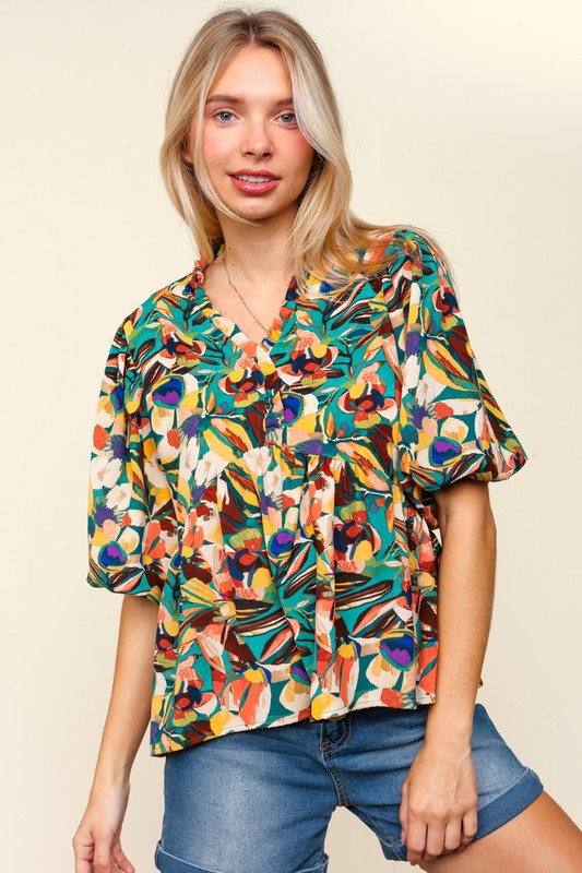 Haptics Full Size Frill Floral Puff Sleeve Peplum Blouse by Wild and Free Boutique