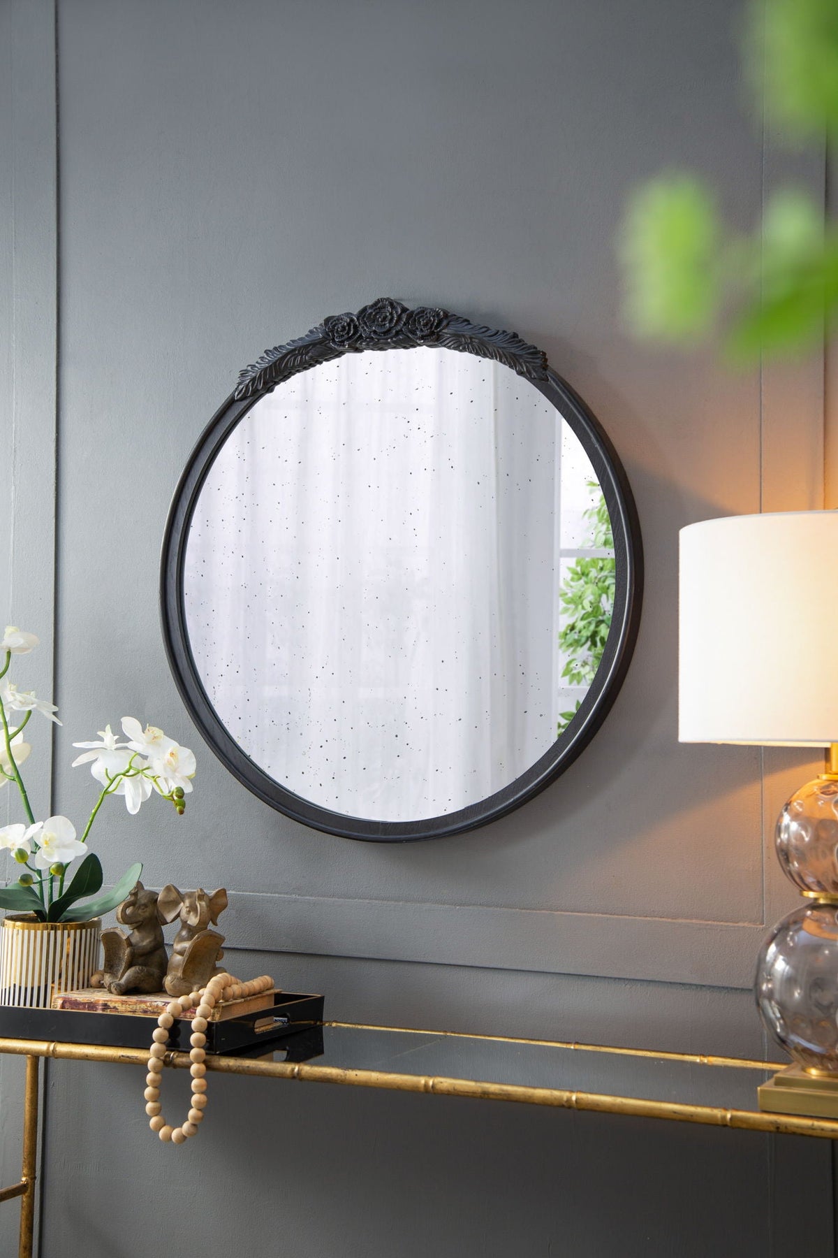Round Hand Carved Rose Antique Mirror Frame, Wall Mirror For Live Space by Unique Piece Furniture