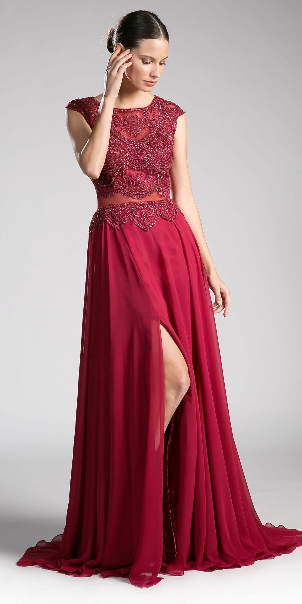 Cinderella Divine CD0113 Illusion Beaded Formal Gown Cap Sleeves by DiscountDressShop